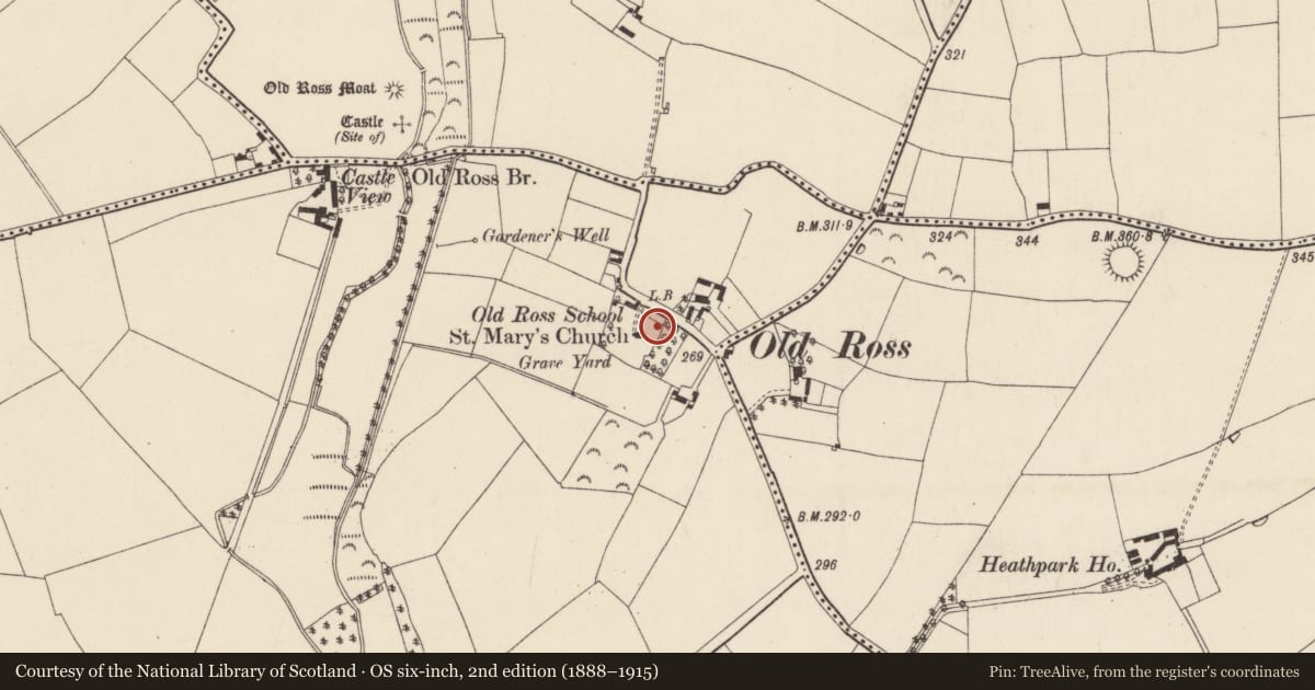 Ordnance Survey six-inch map, 2nd edition (1888–1915) covering the location of Cross-inscribed pillar, Millquarter, County Wexford, with a pin at the register's coordinates