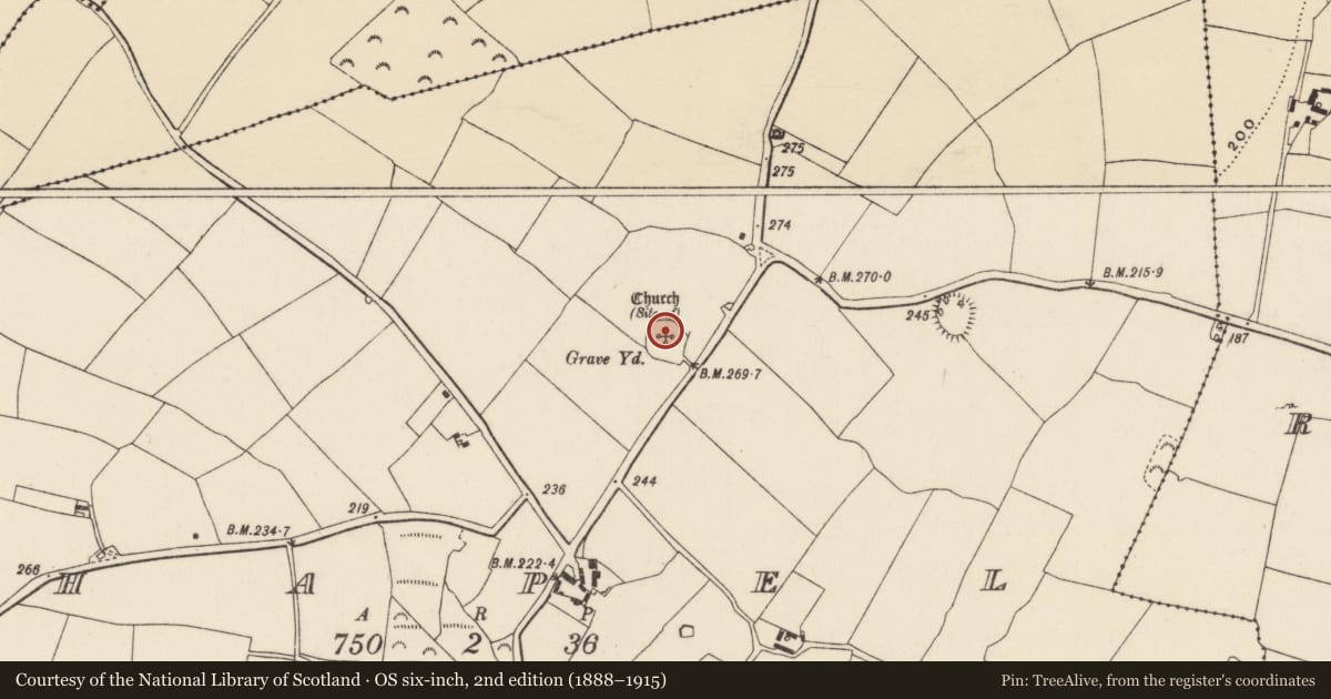 Ordnance Survey six-inch map, 2nd edition (1888–1915) covering the location of Church, Chapel, County Wexford, with a pin at the register's coordinates