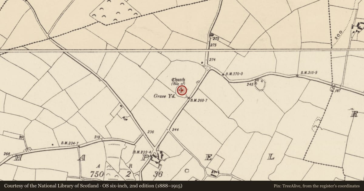 Ordnance Survey six-inch map, 2nd edition (1888–1915) covering the location of Graveyard, Chapel, County Wexford, with a pin at the register's coordinates