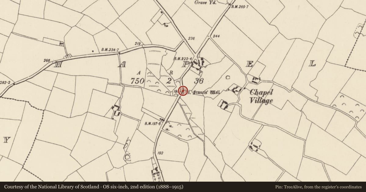 Ordnance Survey six-inch map, 2nd edition (1888–1915) covering the location of Ritual site - holy well, Chapel, County Wexford, with a pin at the register's coordinates