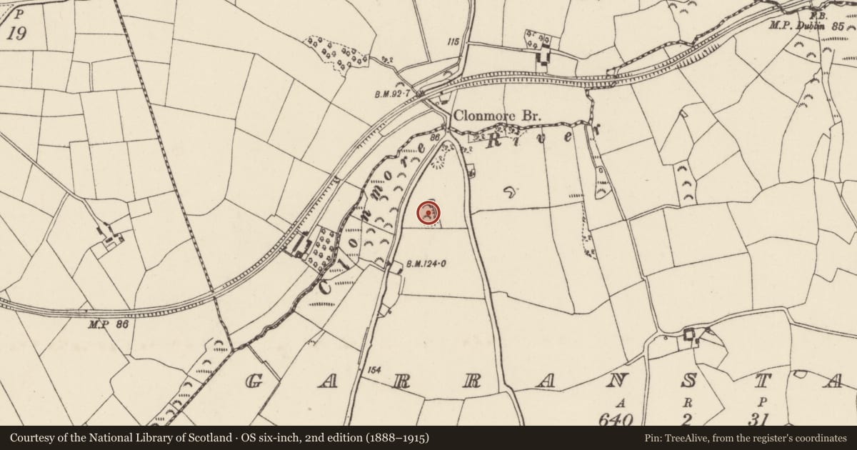 Ordnance Survey six-inch map, 2nd edition (1888–1915) covering the location of Moated site, Garranstackle, County Wexford, with a pin at the register's coordinates