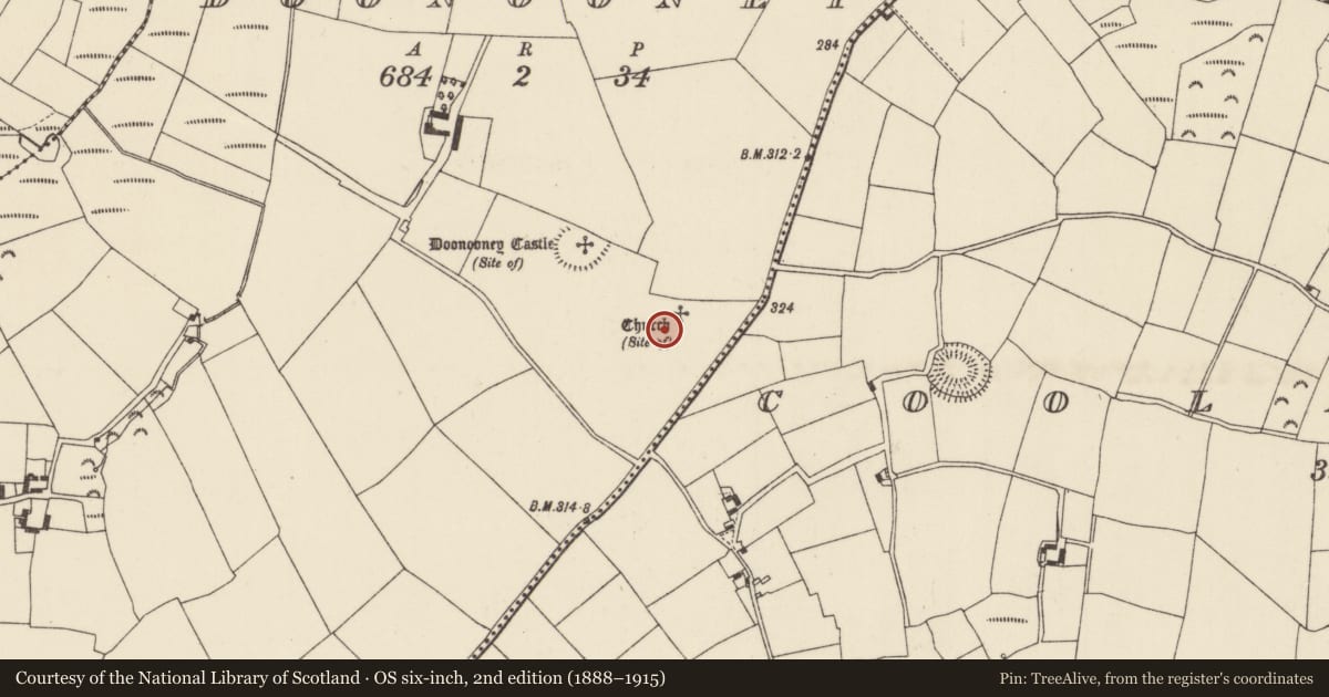 Ordnance Survey six-inch map, 2nd edition (1888–1915) covering the location of Graveyard, Doonooney, County Wexford, with a pin at the register's coordinates