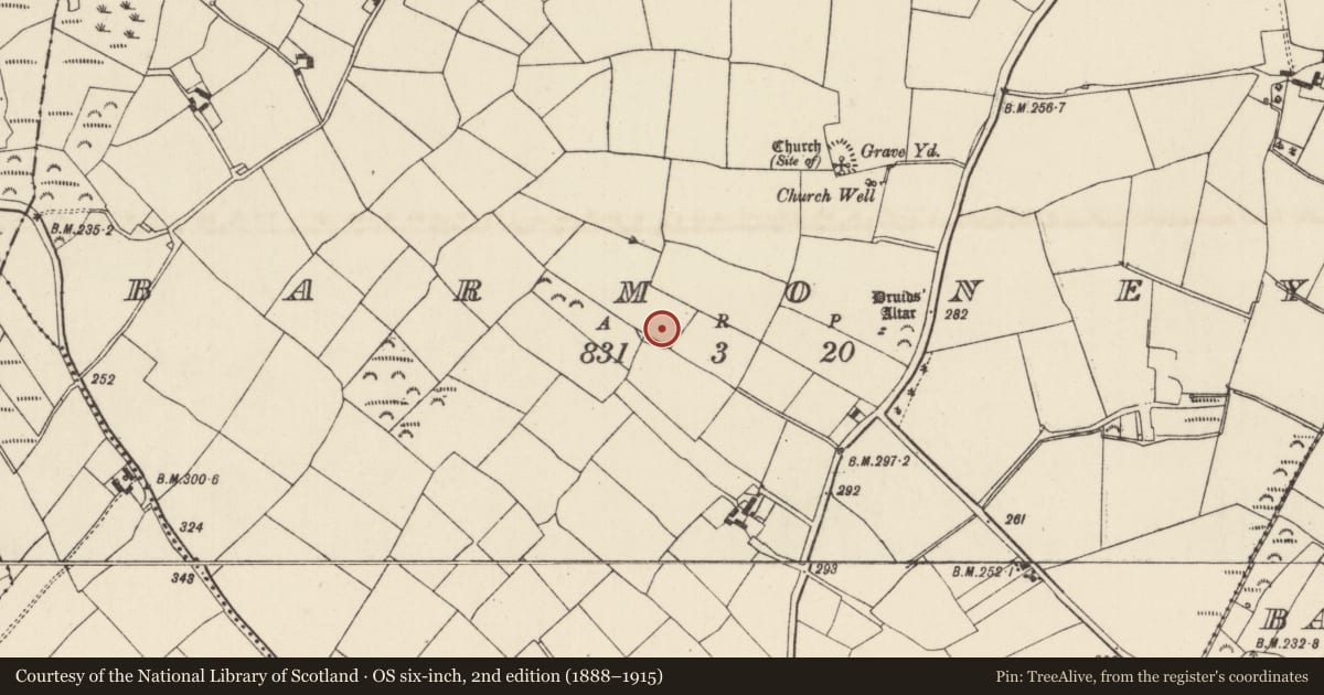 Ordnance Survey six-inch map, 2nd edition (1888–1915) covering the location of Ringfort - rath, Barmoney, County Wexford, with a pin at the register's coordinates