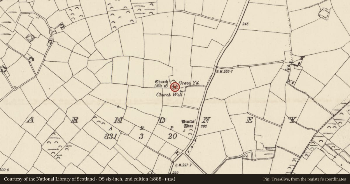 Ordnance Survey six-inch map, 2nd edition (1888–1915) covering the location of Church, Barmoney, County Wexford, with a pin at the register's coordinates