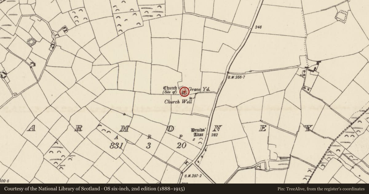 Ordnance Survey six-inch map, 2nd edition (1888–1915) covering the location of Graveyard, Barmoney, County Wexford, with a pin at the register's coordinates