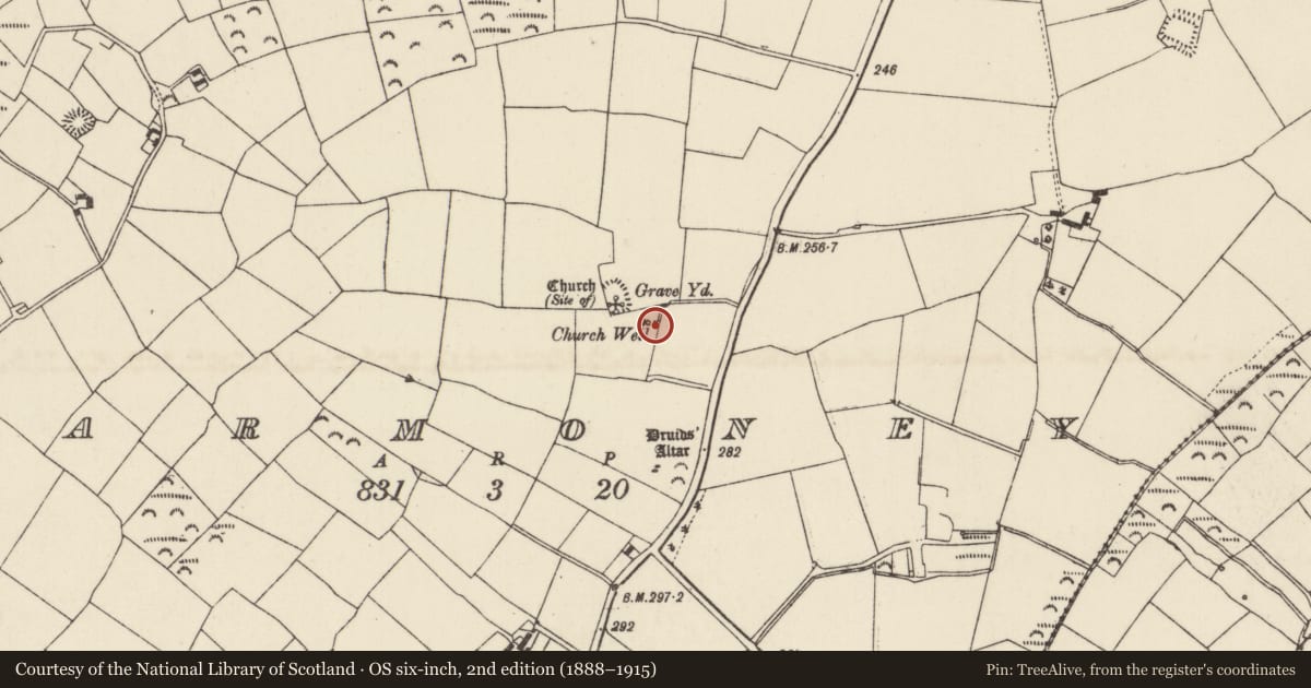 Ordnance Survey six-inch map, 2nd edition (1888–1915) covering the location of Ritual site - holy well, Barmoney, County Wexford, with a pin at the register's coordinates