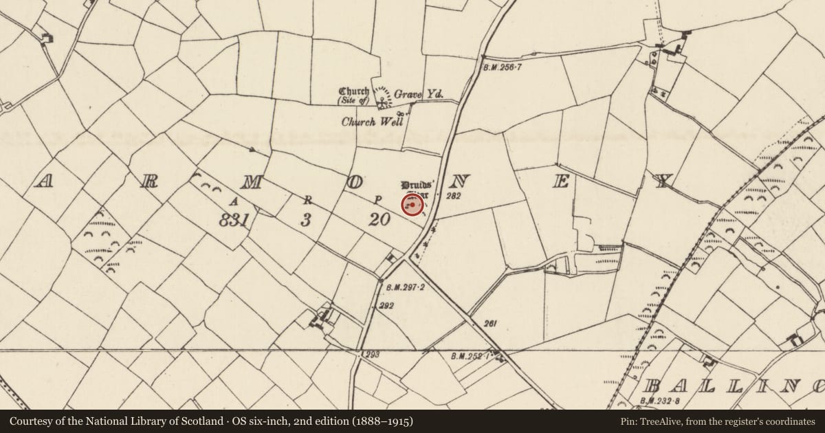 Ordnance Survey six-inch map, 2nd edition (1888–1915) covering the location of Standing stone - pair, Barmoney, County Wexford, with a pin at the register's coordinates