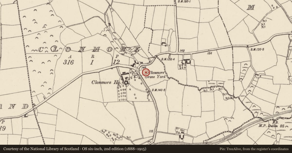 Ordnance Survey six-inch map, 2nd edition (1888–1915) covering the location of Graveyard, Clonmore, County Wexford, with a pin at the register's coordinates