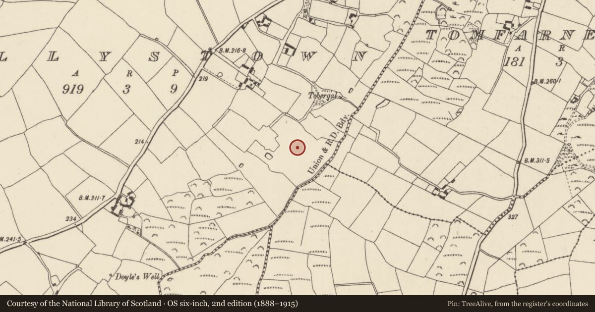 Ordnance Survey six-inch map, 2nd edition (1888–1915) covering the location of Moated site, Kellystown, County Wexford, with a pin at the register's coordinates
