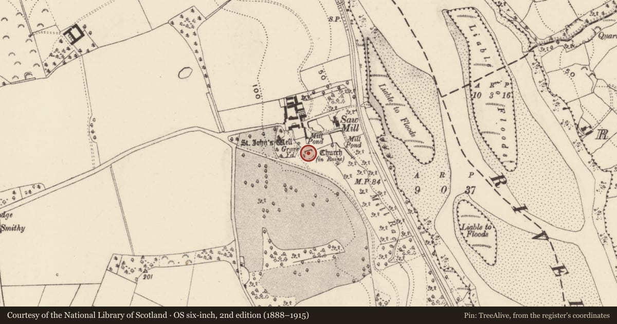 Ordnance Survey six-inch map, 2nd edition (1888–1915) covering the location of Church, Ballyhoge, County Wexford, with a pin at the register's coordinates