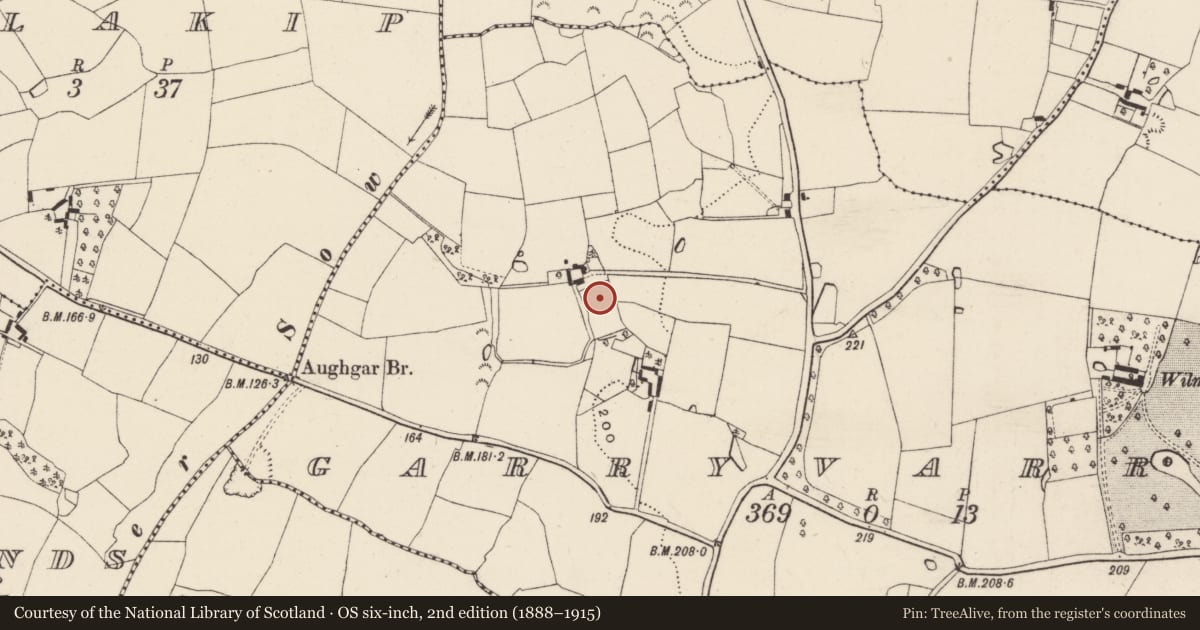 Ordnance Survey six-inch map, 2nd edition (1888–1915) covering the location of Moated site, Garryvarren, County Wexford, with a pin at the register's coordinates