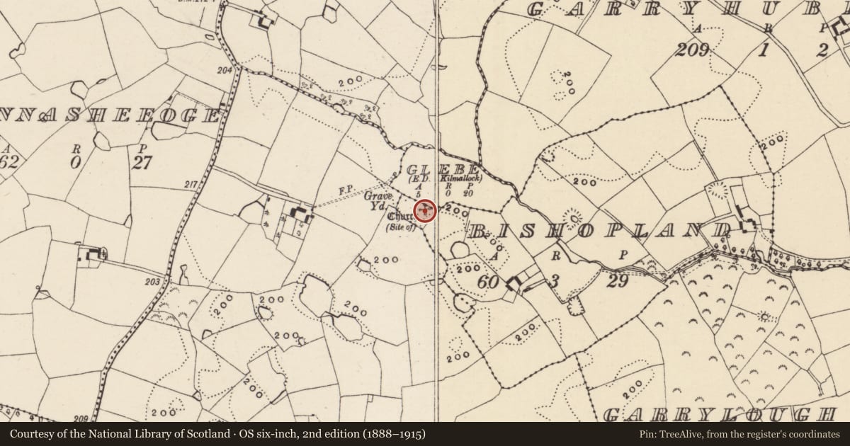 Ordnance Survey six-inch map, 2nd edition (1888–1915) covering the location of Church, Bishopland, County Wexford, with a pin at the register's coordinates