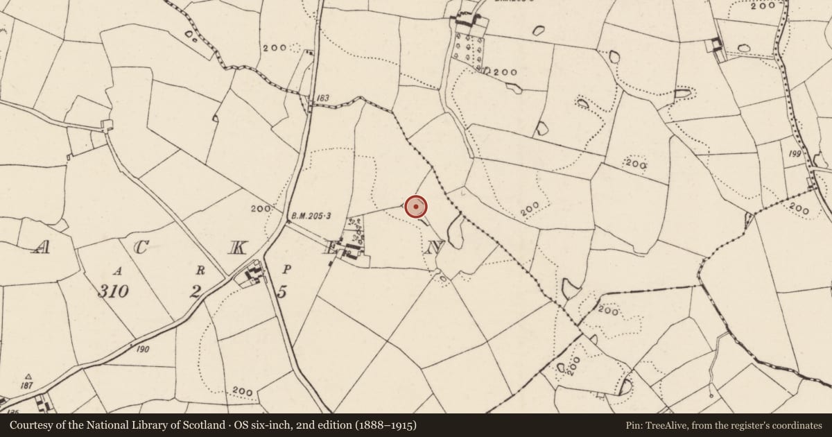Ordnance Survey six-inch map, 2nd edition (1888–1915) covering the location of Moated site, Lacken, County Wexford, with a pin at the register's coordinates