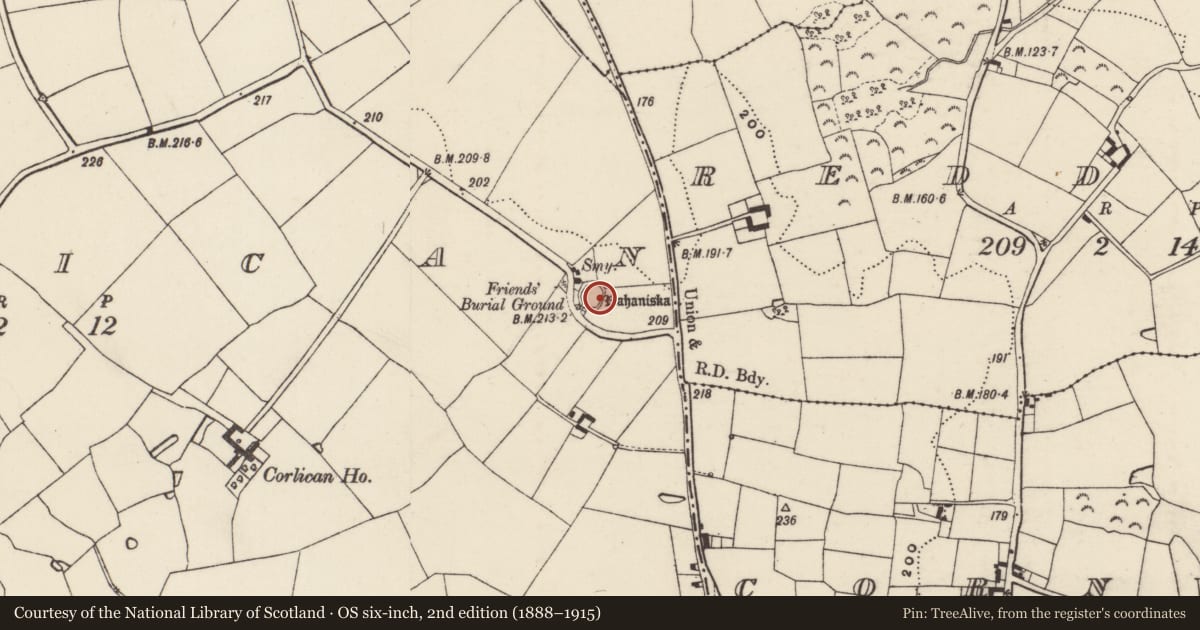 Ordnance Survey six-inch map, 2nd edition (1888–1915) covering the location of Burial ground, Corlican, County Wexford, with a pin at the register's coordinates