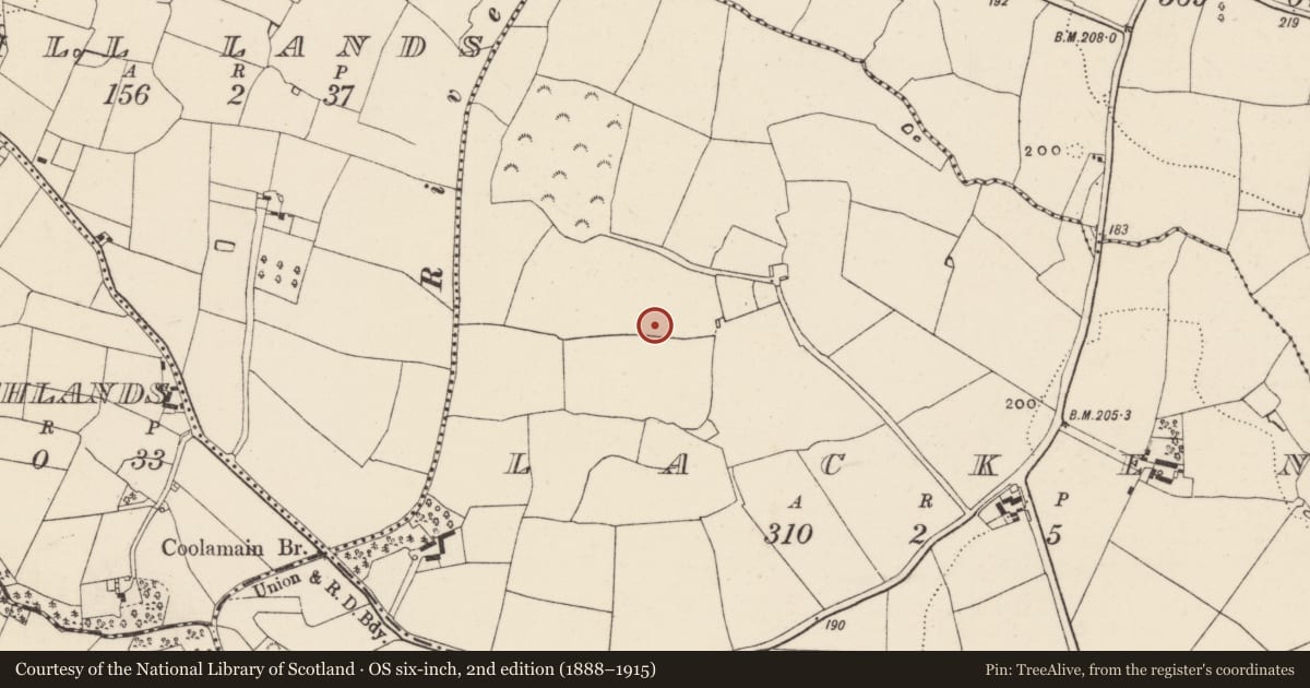 Ordnance Survey six-inch map, 2nd edition (1888–1915) covering the location of Ring-ditch, Lacken, County Wexford, with a pin at the register's coordinates