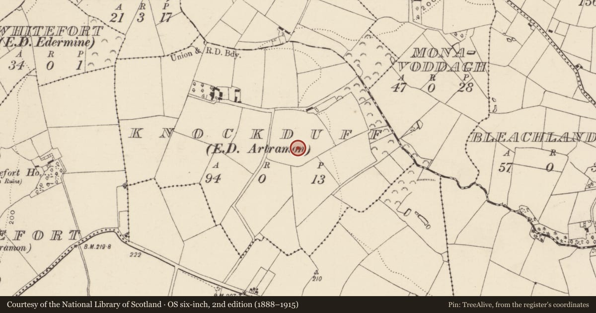 Ordnance Survey six-inch map, 2nd edition (1888–1915) covering the location of Enclosure, Knockduff, County Wexford, with a pin at the register's coordinates