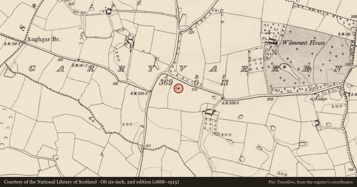Ordnance Survey six-inch map, 2nd edition (1888–1915) covering the location of Enclosure, Garryvarren, County Wexford, with a pin at the register's coordinates