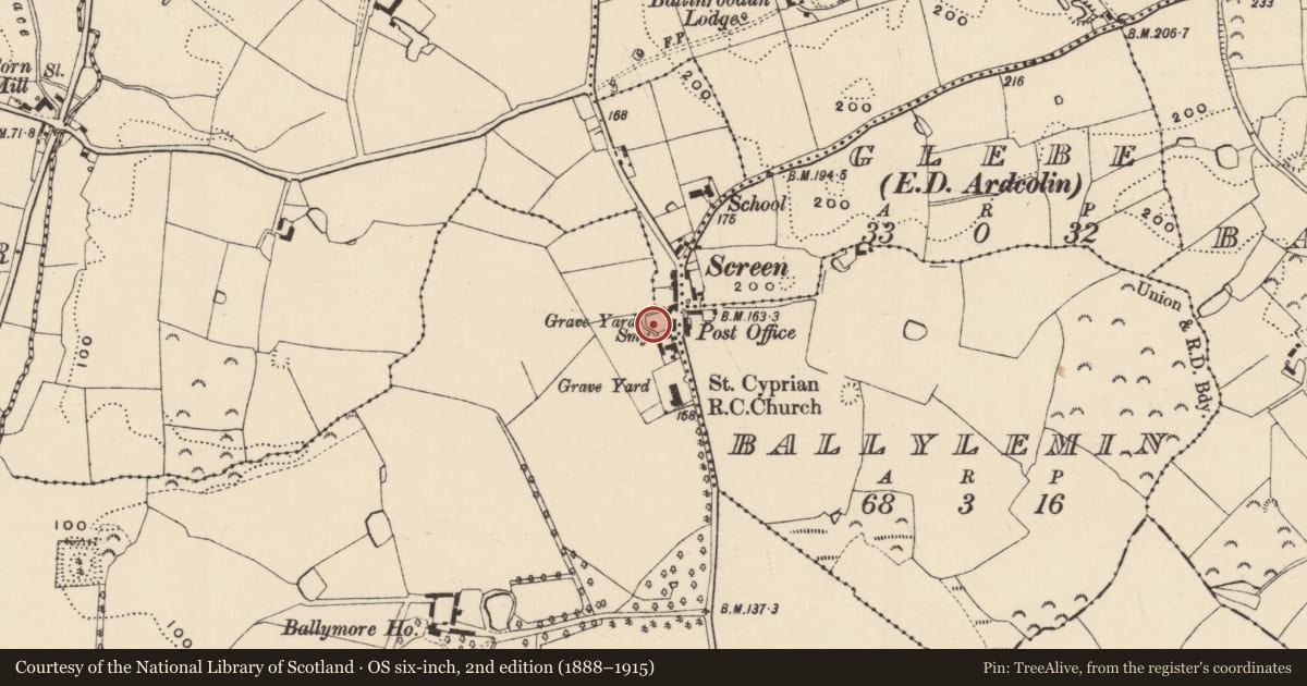 Ordnance Survey six-inch map, 2nd edition (1888–1915) covering the location of Graveyard, Ballymore, County Wexford, with a pin at the register's coordinates