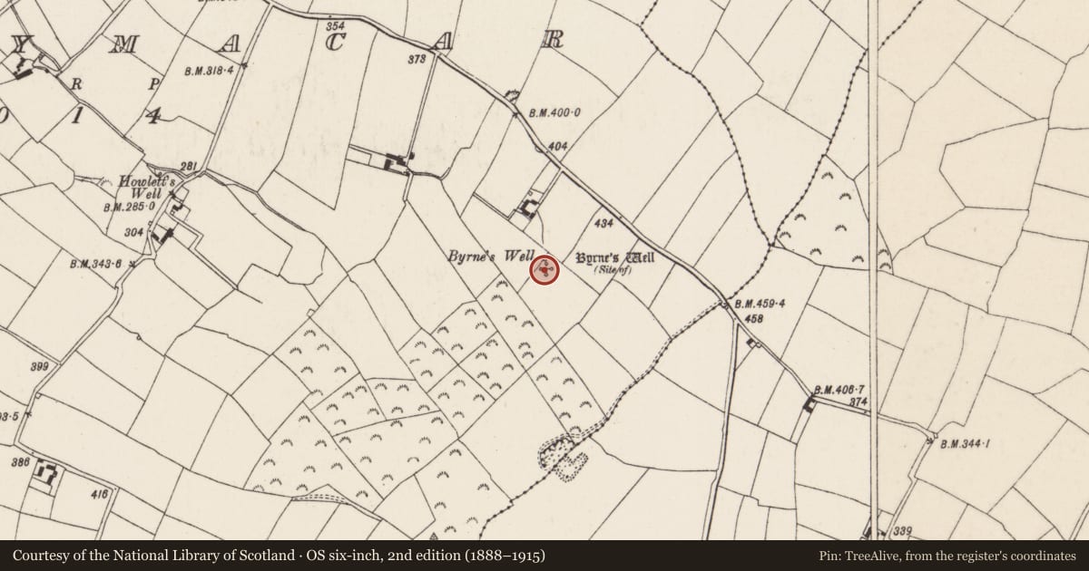Ordnance Survey six-inch map, 2nd edition (1888–1915) covering the location of Ritual site - holy well, Ballymacar, County Wexford, with a pin at the register's coordinates