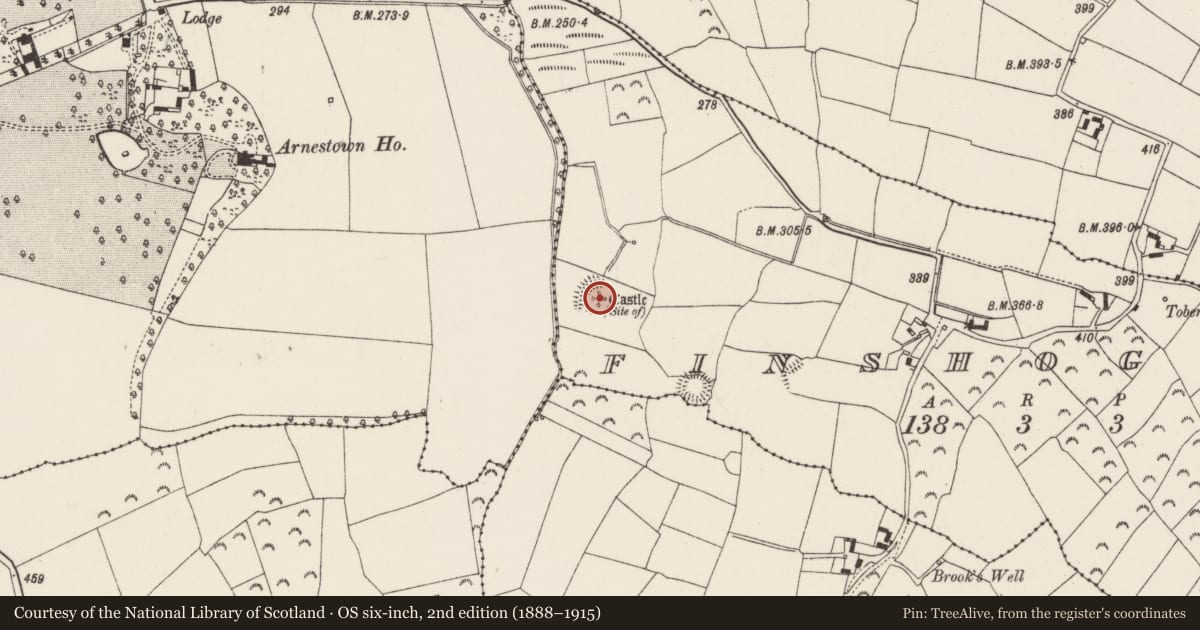 Ordnance Survey six-inch map, 2nd edition (1888–1915) covering the location of Ringfort - rath, Finshoge, County Wexford, with a pin at the register's coordinates
