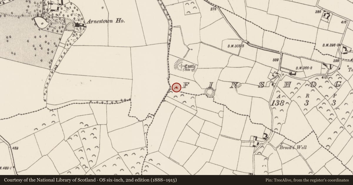 Ordnance Survey six-inch map, 2nd edition (1888–1915) covering the location of Ringfort - unclassified, Finshoge, County Wexford, with a pin at the register's coordinates