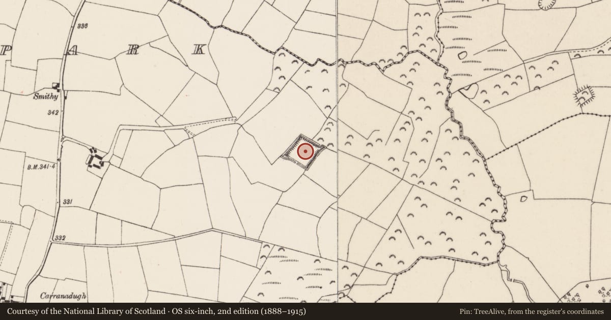 Ordnance Survey six-inch map, 2nd edition (1888–1915) covering the location of Moated site, Mylerspark, County Wexford, with a pin at the register's coordinates