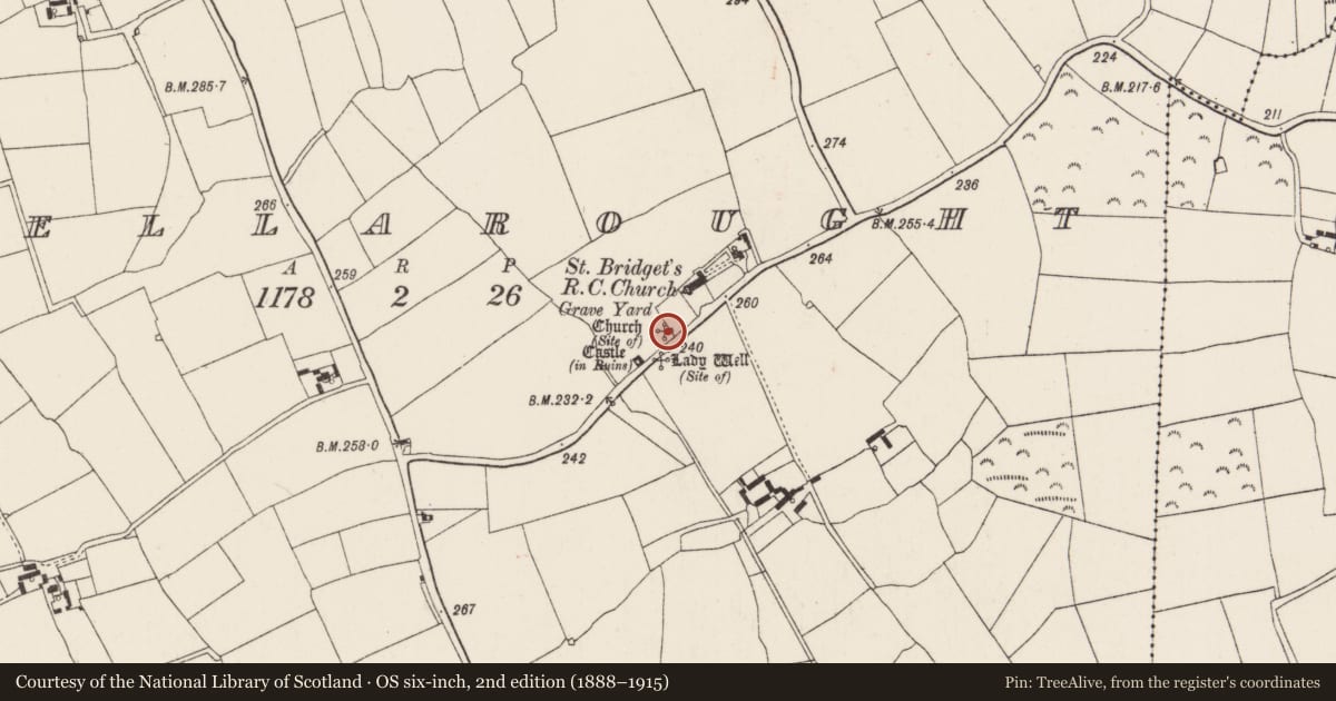 Ordnance Survey six-inch map, 2nd edition (1888–1915) covering the location of Church, Tellarought, County Wexford, with a pin at the register's coordinates