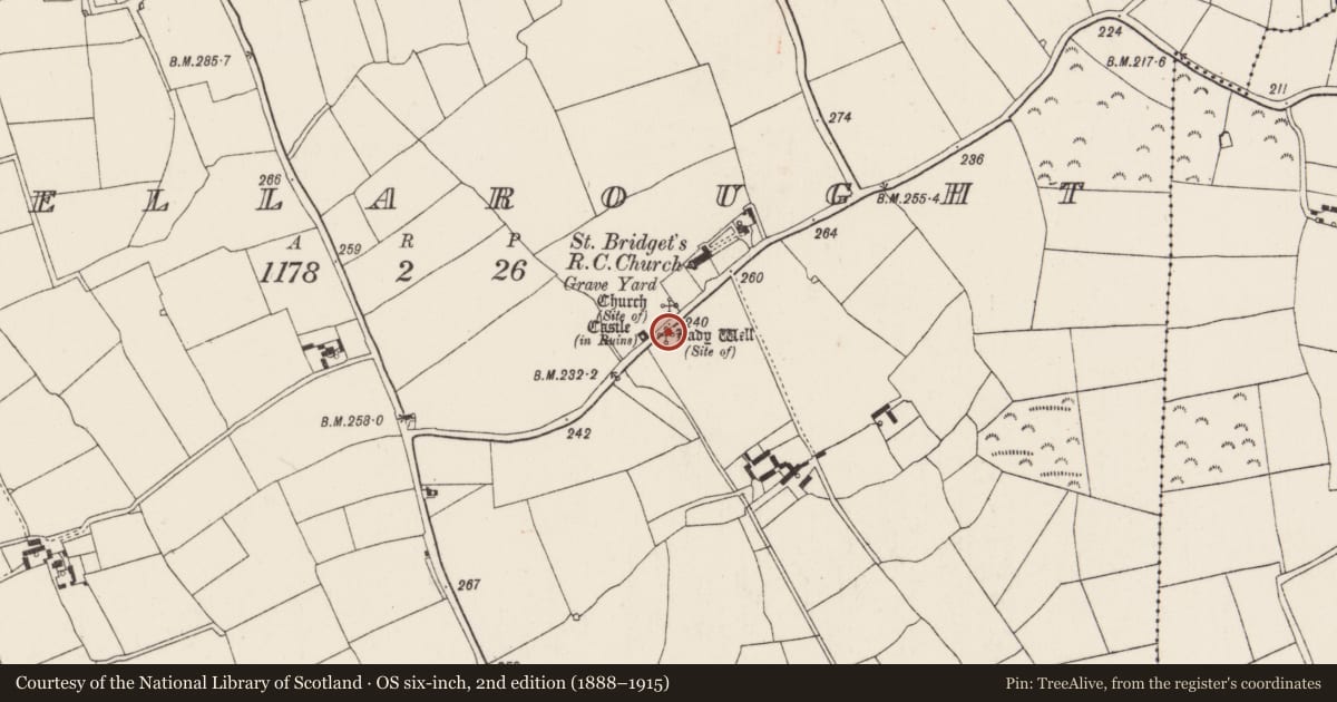Ordnance Survey six-inch map, 2nd edition (1888–1915) covering the location of Ritual site - holy well, Tellarought, County Wexford, with a pin at the register's coordinates