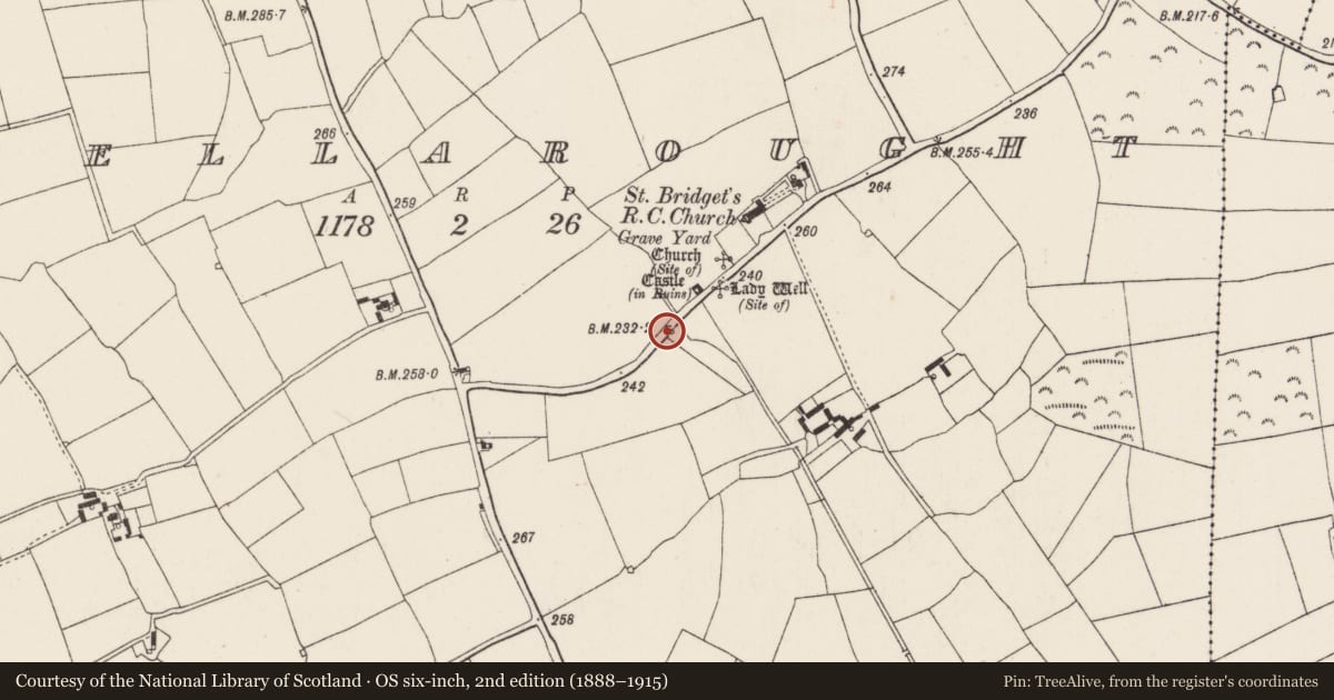 Ordnance Survey six-inch map, 2nd edition (1888–1915) covering the location of Ritual site - holy well, Tellarought, County Wexford, with a pin at the register's coordinates