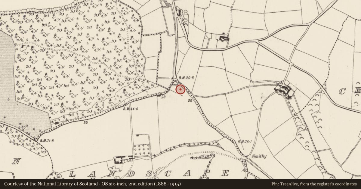 Ordnance Survey six-inch map, 2nd edition (1888–1915) covering the location of Fulacht fia, Landscape, County Wexford, with a pin at the register's coordinates