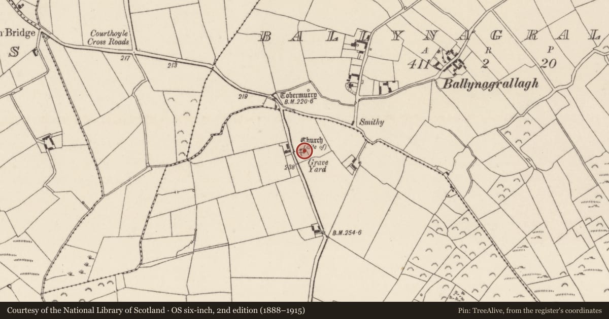 Ordnance Survey six-inch map, 2nd edition (1888–1915) covering the location of Church, Courthoyle Old, County Wexford, with a pin at the register's coordinates