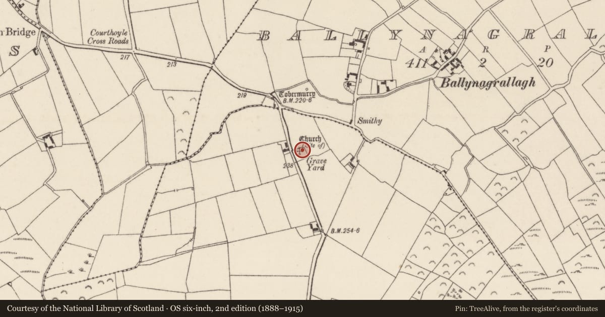 Ordnance Survey six-inch map, 2nd edition (1888–1915) covering the location of Graveyard, Courthoyle Old, County Wexford, with a pin at the register's coordinates