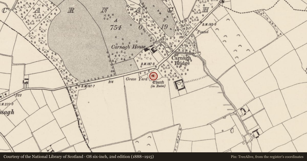 Ordnance Survey six-inch map, 2nd edition (1888–1915) covering the location of Church, Carnagh, County Wexford, with a pin at the register's coordinates