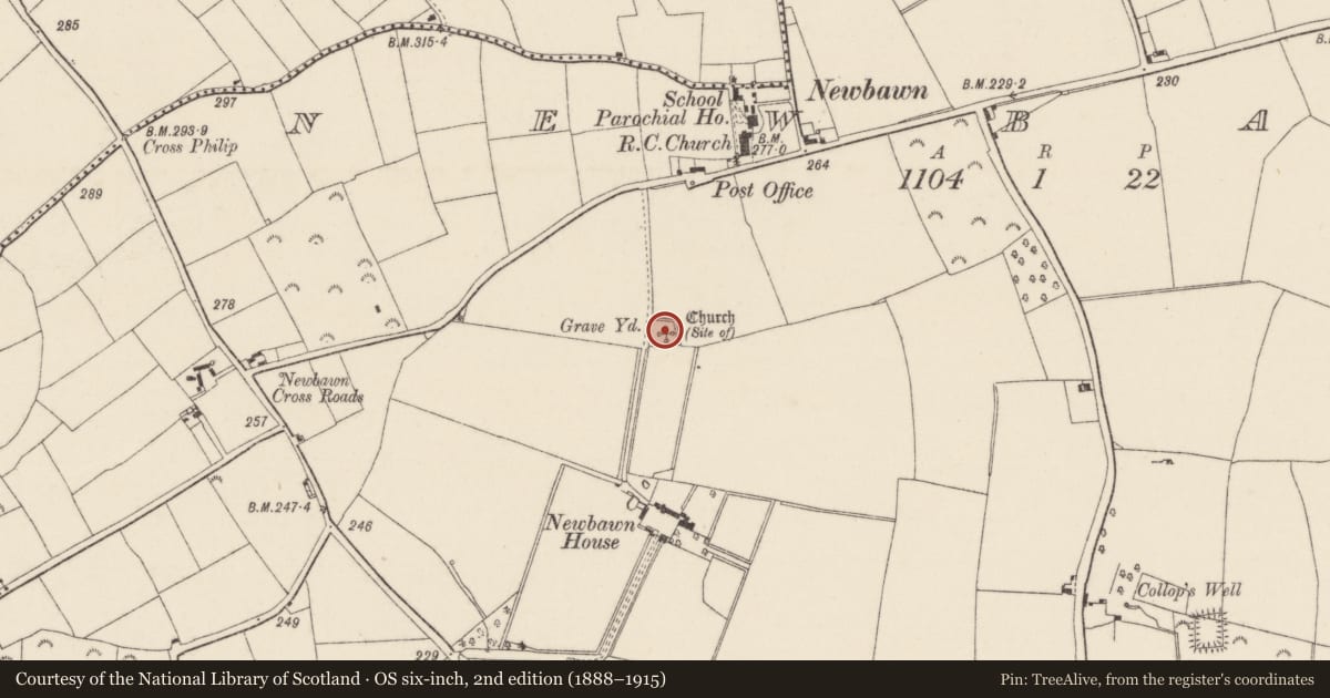 Ordnance Survey six-inch map, 2nd edition (1888–1915) covering the location of Church, Newbawn, County Wexford, with a pin at the register's coordinates