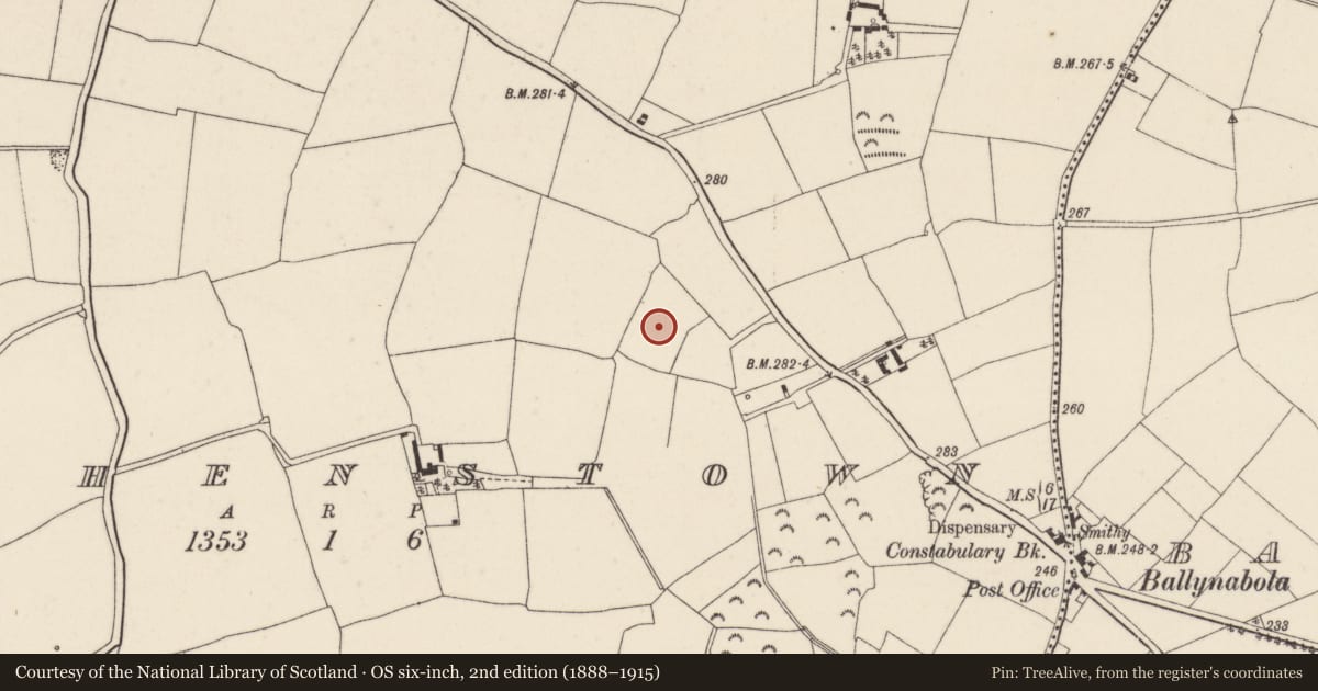 Ordnance Survey six-inch map, 2nd edition (1888–1915) covering the location of Burnt mound, Cushenstown, County Wexford, with a pin at the register's coordinates