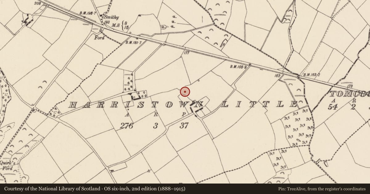 Ordnance Survey six-inch map, 2nd edition (1888–1915) covering the location of Moated site, Harristown Little, County Wexford, with a pin at the register's coordinates