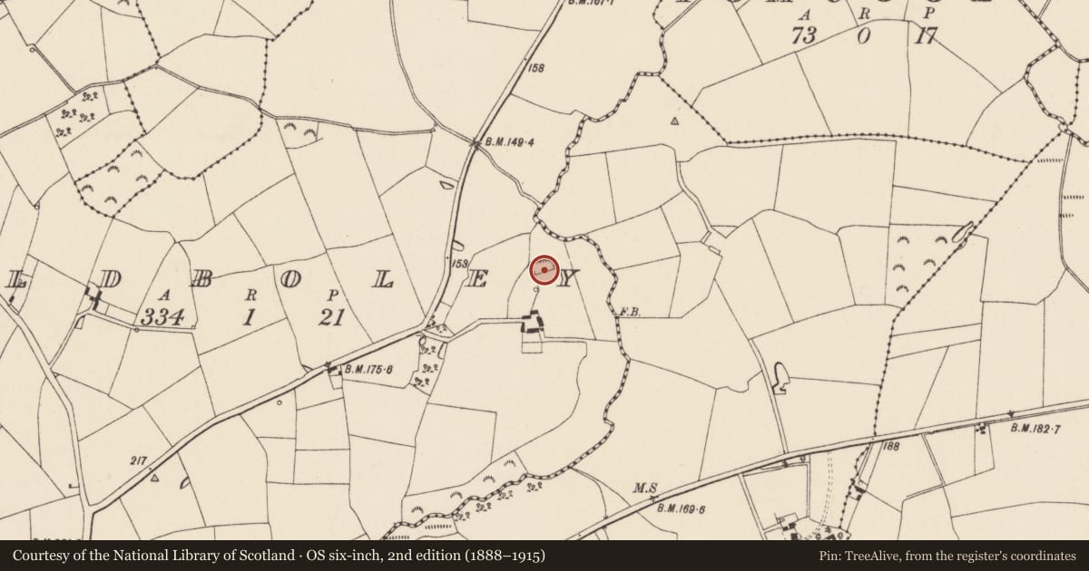Ordnance Survey six-inch map, 2nd edition (1888–1915) covering the location of Moated site, Oldboley, County Wexford, with a pin at the register's coordinates