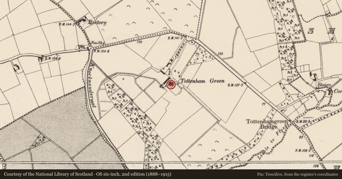 Ordnance Survey six-inch map, 2nd edition (1888–1915) covering the location of House - 17th/18th century, Tottenhamgreen, County Wexford, with a pin at the register's coordinates