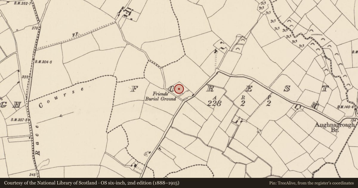 Ordnance Survey six-inch map, 2nd edition (1888–1915) covering the location of Burial ground, Forest, County Wexford, with a pin at the register's coordinates