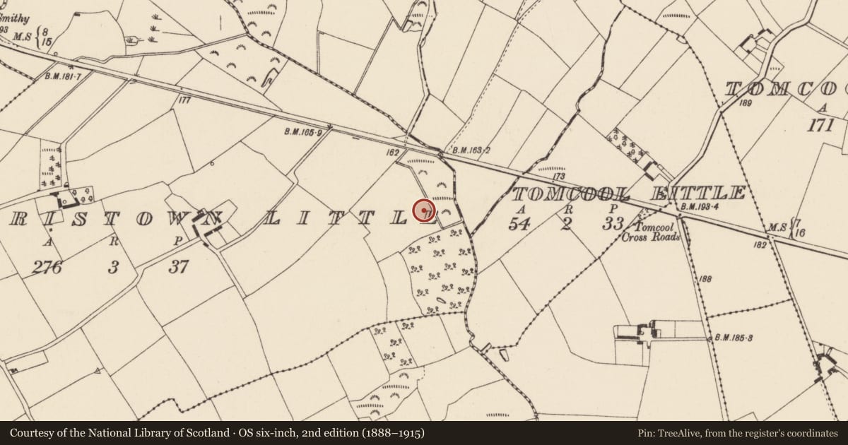 Ordnance Survey six-inch map, 2nd edition (1888–1915) covering the location of Enclosure, Harristown Little, County Wexford, with a pin at the register's coordinates