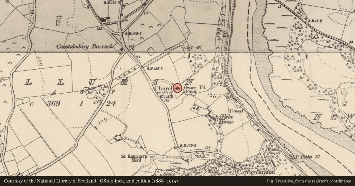 Ordnance Survey six-inch map, 2nd edition (1888–1915) covering the location of Church, Killurin, County Wexford, with a pin at the register's coordinates