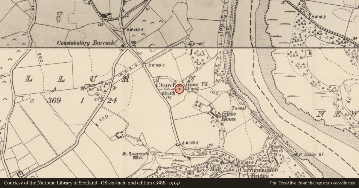 Ordnance Survey six-inch map, 2nd edition (1888–1915) covering the location of Graveyard, Killurin, County Wexford, with a pin at the register's coordinates