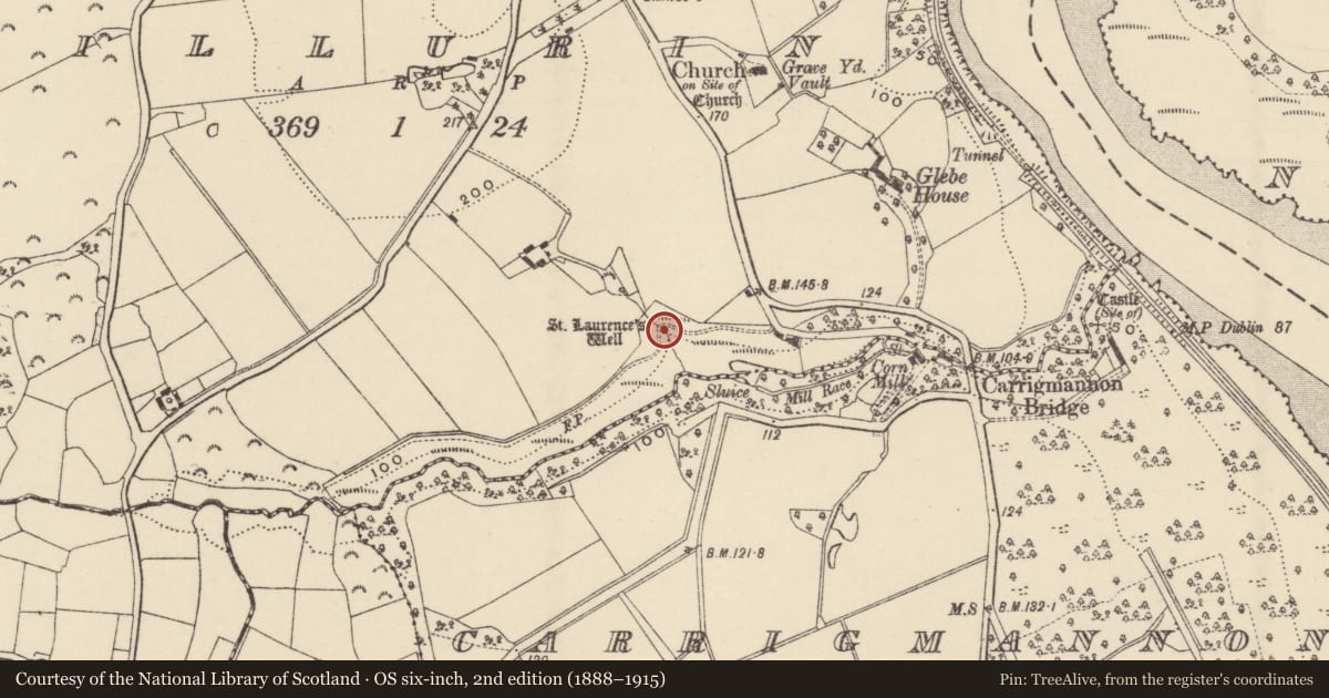 Ordnance Survey six-inch map, 2nd edition (1888–1915) covering the location of Ritual site - holy well, Killurin, County Wexford, with a pin at the register's coordinates