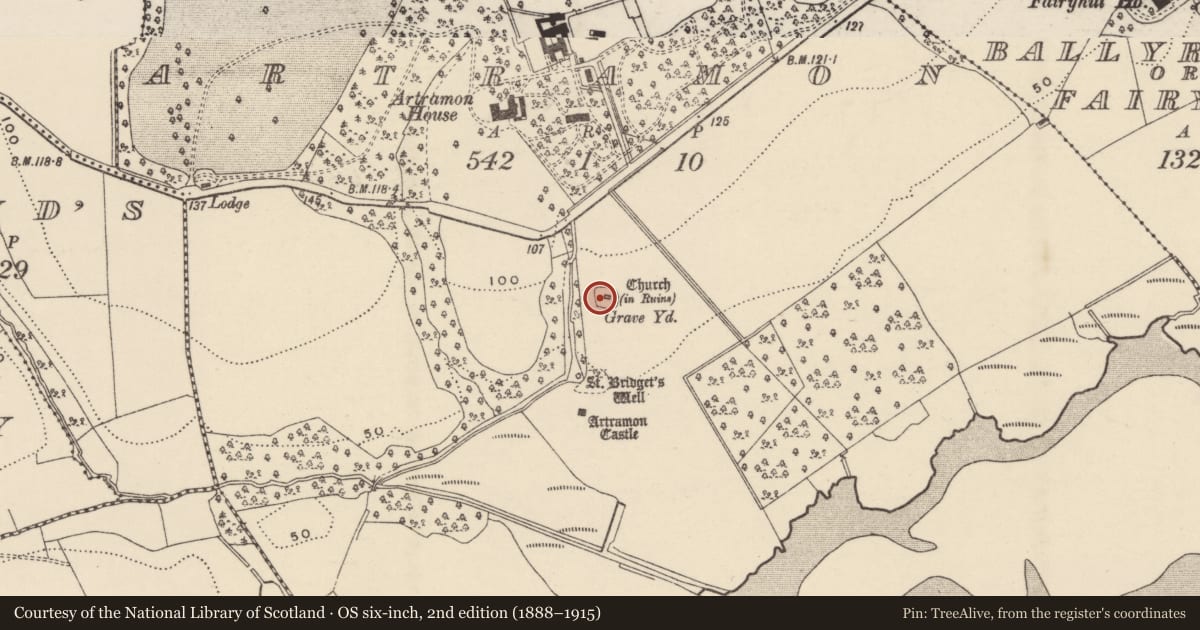 Ordnance Survey six-inch map, 2nd edition (1888–1915) covering the location of Ecclesiastical enclosure, Artramon, County Wexford, with a pin at the register's coordinates