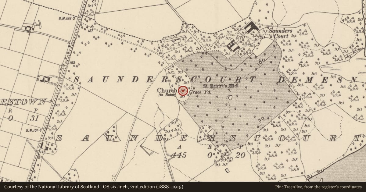 Ordnance Survey six-inch map, 2nd edition (1888–1915) covering the location of Church, Saunderscourt, County Wexford, with a pin at the register's coordinates