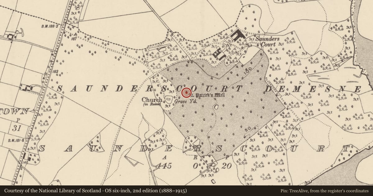 Ordnance Survey six-inch map, 2nd edition (1888–1915) covering the location of Ritual site - holy well, Saunderscourt, County Wexford, with a pin at the register's coordinates