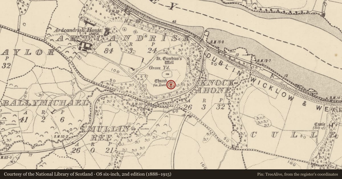 Ordnance Survey six-inch map, 2nd edition (1888–1915) covering the location of Mound, Ardcandrisk, County Wexford, with a pin at the register's coordinates