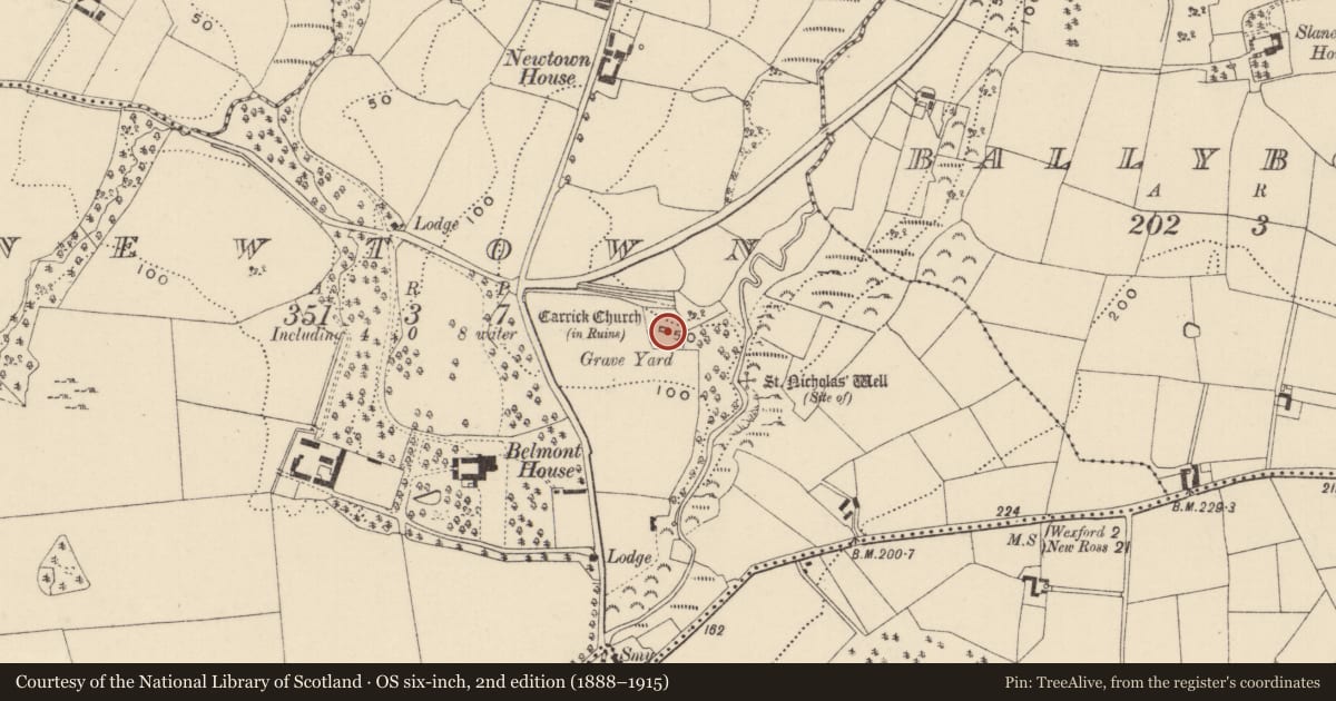 Ordnance Survey six-inch map, 2nd edition (1888–1915) covering the location of Font, Newtown, County Wexford, with a pin at the register's coordinates