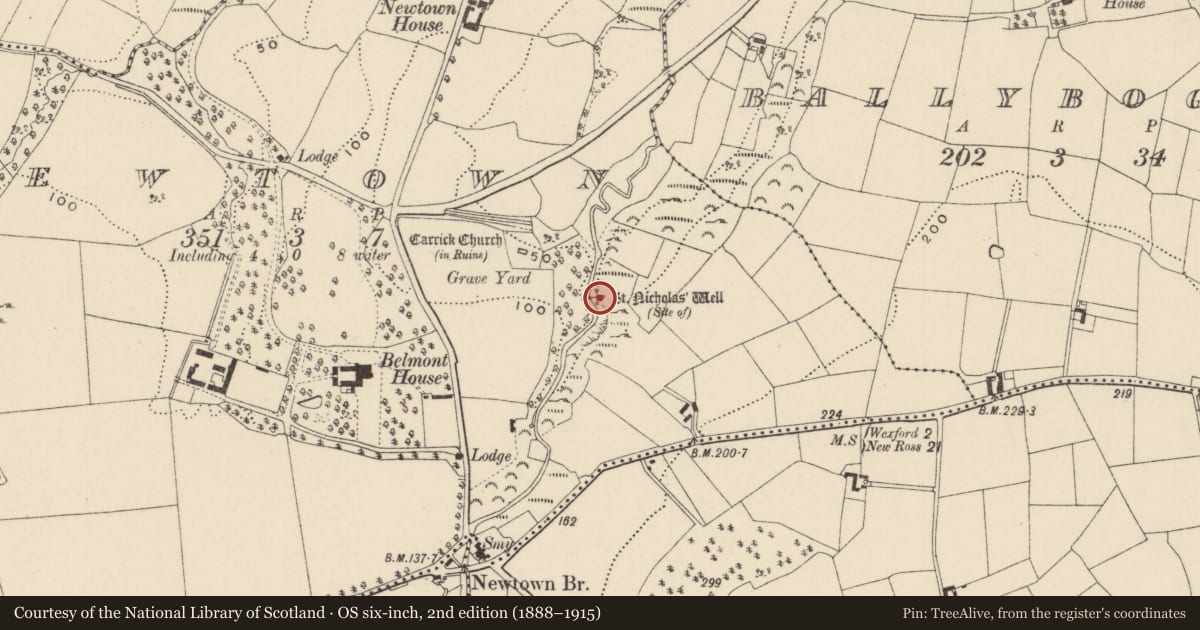 Ordnance Survey six-inch map, 2nd edition (1888–1915) covering the location of Ritual site - holy well, Newtown, County Wexford, with a pin at the register's coordinates