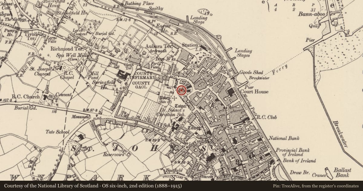 Ordnance Survey six-inch map, 2nd edition (1888–1915) covering the location of Church, Wexford, with a pin at the register's coordinates